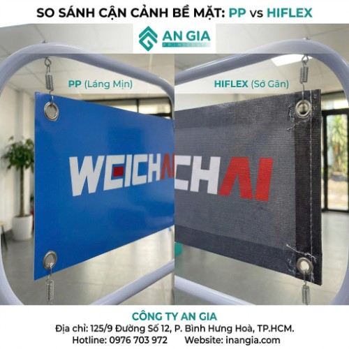 Bảng so sánh ưu nhược điểm của chất liệu in standee PP và bạt Hiflex